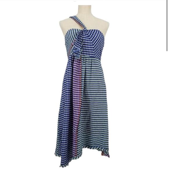 Anthropologie Maeve Waverly blue white plaid gingham one shoulder dress size 6 - Picture 3 of 14